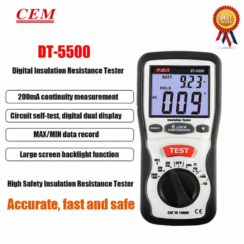 CEM DT-5500 Digital Insulation Resistance Tester Electrical Equipment Insulation Material Resistance Detection Over Range Prompt CEM DT-5500 Digital Insulation Resistance Tester Electrical Equipment Insulation Material Resistance Detection Over Range Prompt